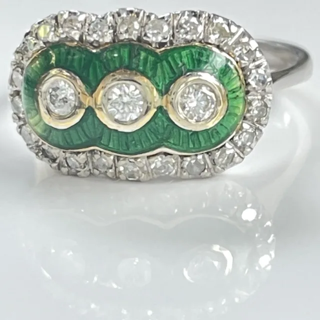 Antique 18K gold diamond ring with green enamel1